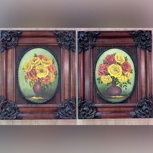 Pair Antique Original Oil Paintings Still Life‎ Floral Ornate Wood Frame 17”x20”